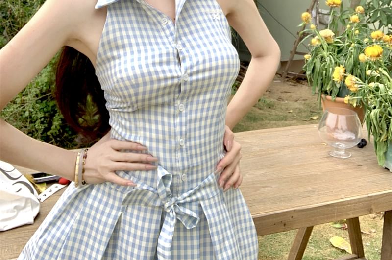 Mini Button-Up Halter-Neck Gingham Dress Pleated A-Line