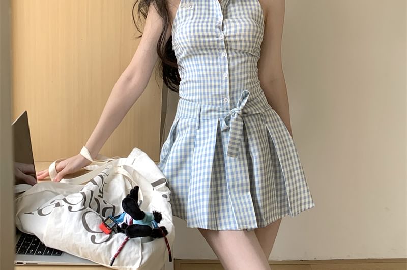 Mini Button-Up Halter-Neck Gingham Dress Pleated A-Line