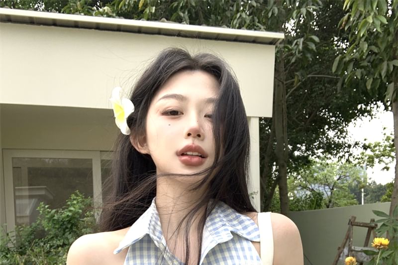 Mini Button-Up Halter-Neck Gingham Dress Pleated A-Line