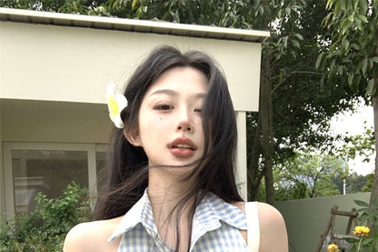 Mini Button-Up Halter-Neck Gingham Dress Pleated A-Line