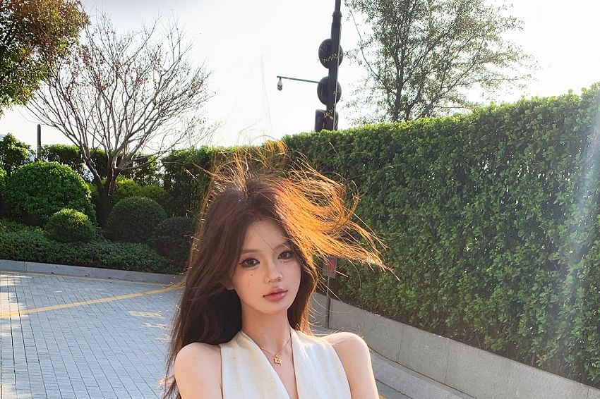 Belt Leather / A-Line Midi Dress Plain Faux Halter-Neck