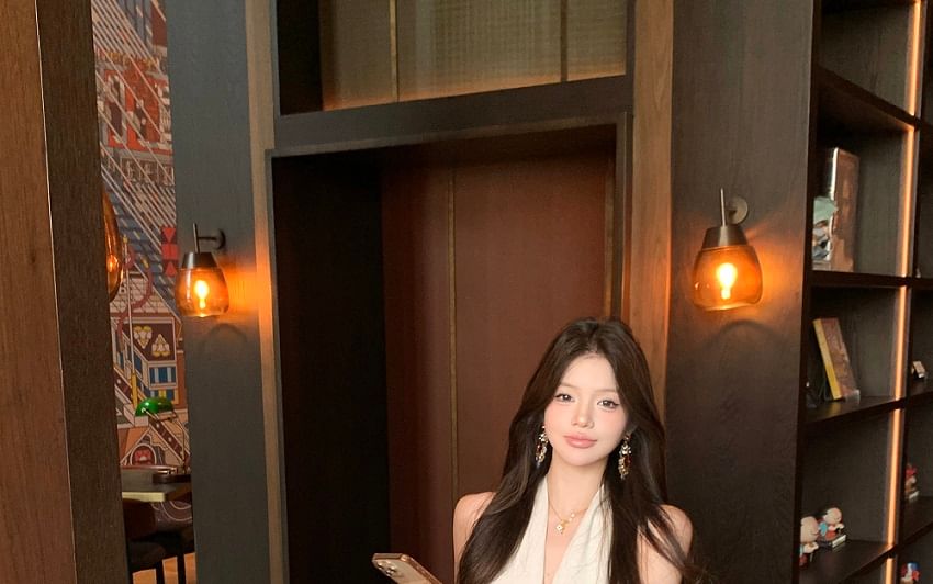 Belt Leather / A-Line Midi Dress Plain Faux Halter-Neck