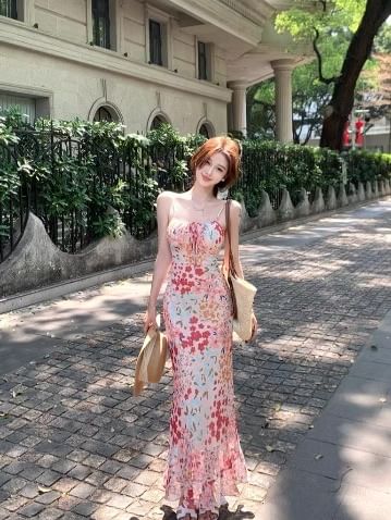 Dress Spaghetti Floral Midi Strap Print Mermaid