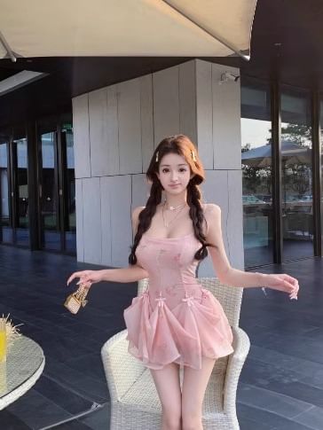 A-Line Spaghetti Dress Print Strap Mini Shirred Floral