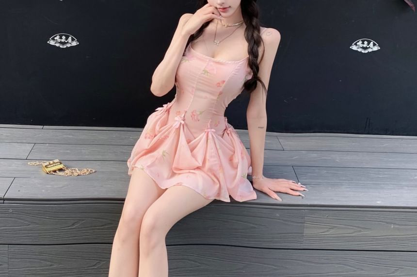 A-Line Spaghetti Dress Print Strap Mini Shirred Floral