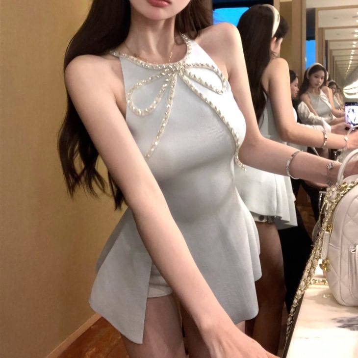 Halter-Neck Rhinestone Slit Bow Mini A-Line Dress
