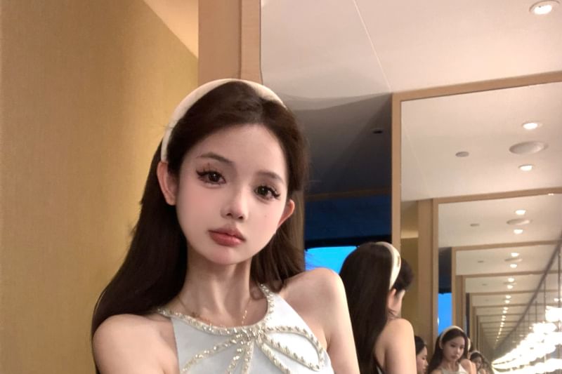 Halter-Neck Rhinestone Slit Bow Mini A-Line Dress