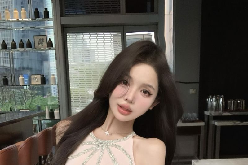 Halter-Neck Rhinestone Slit Bow Mini A-Line Dress