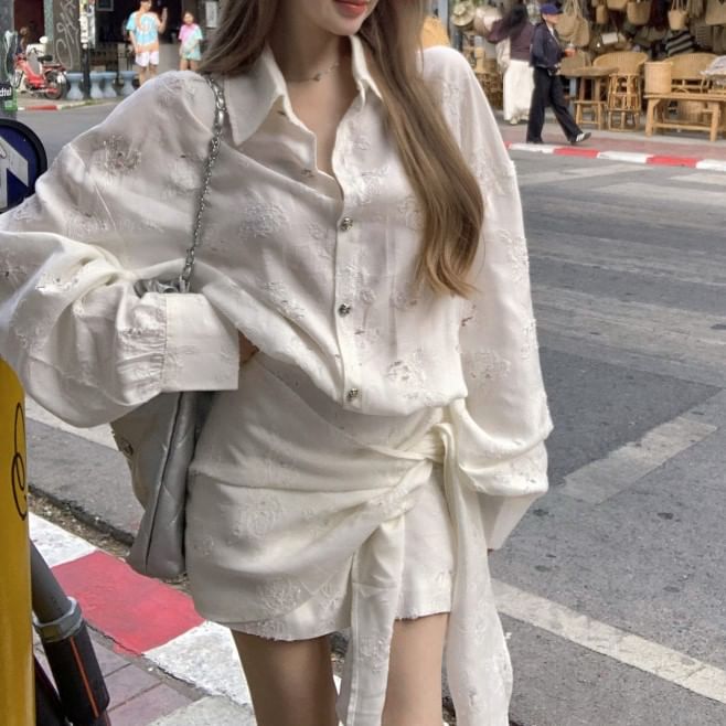 Mini A-Line Floral Tie-Side Puff-Sleeve Embroidered Dress Button-Up