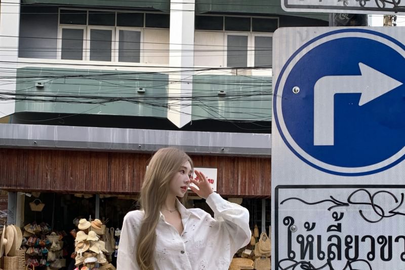 Mini A-Line Floral Tie-Side Puff-Sleeve Embroidered Dress Button-Up