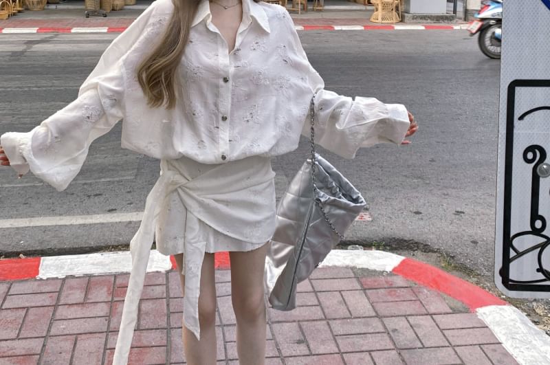 Mini A-Line Floral Tie-Side Puff-Sleeve Embroidered Dress Button-Up