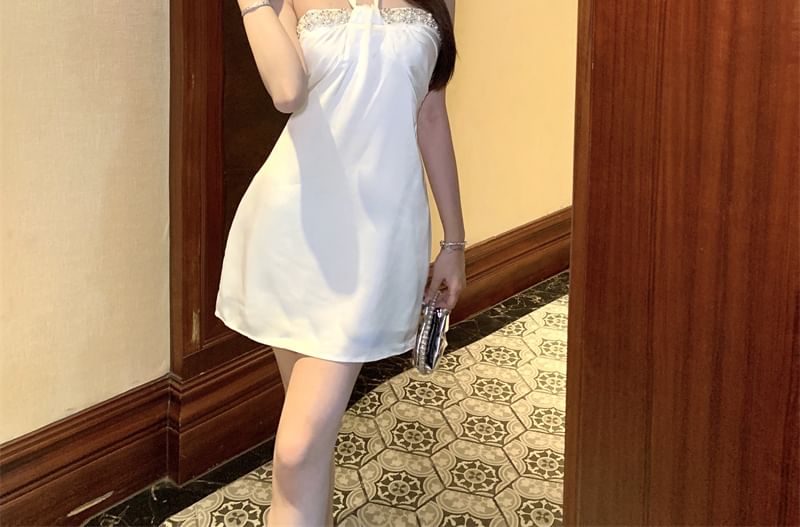 Satin Halter-Neck Mini Rhinestone A-Line Dress
