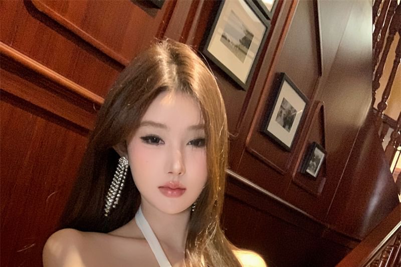 Satin Halter-Neck Mini Rhinestone A-Line Dress