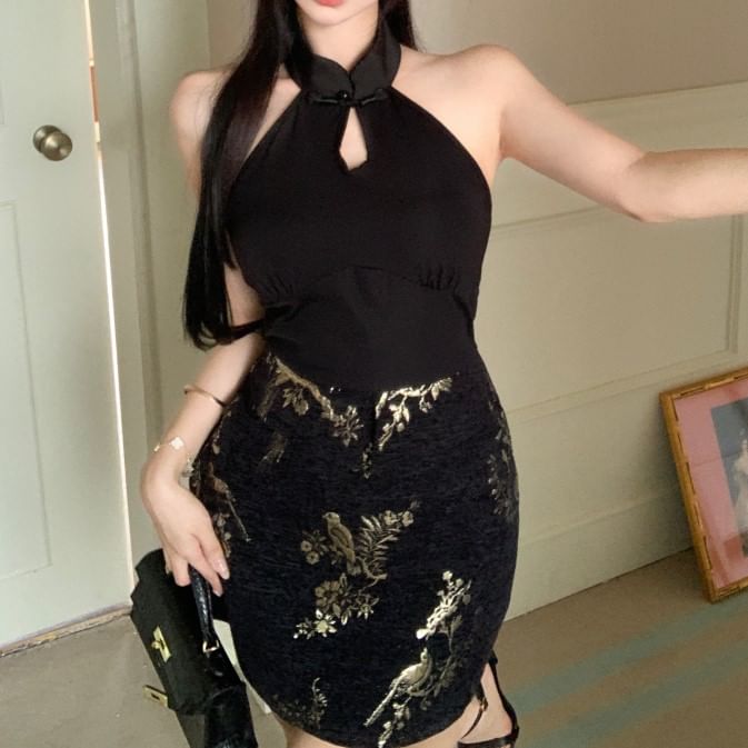 Bodycon Dress Jacquard Halter-Neck Mini Floral Keyhole