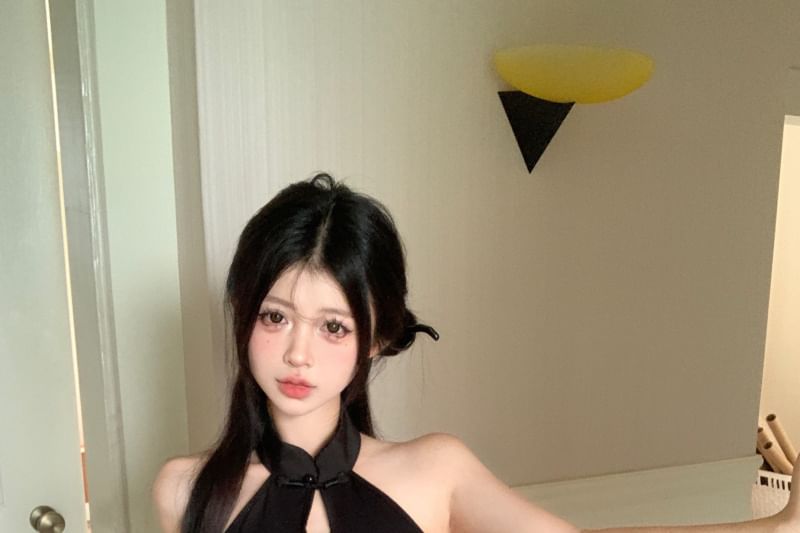 Bodycon Dress Jacquard Halter-Neck Mini Floral Keyhole