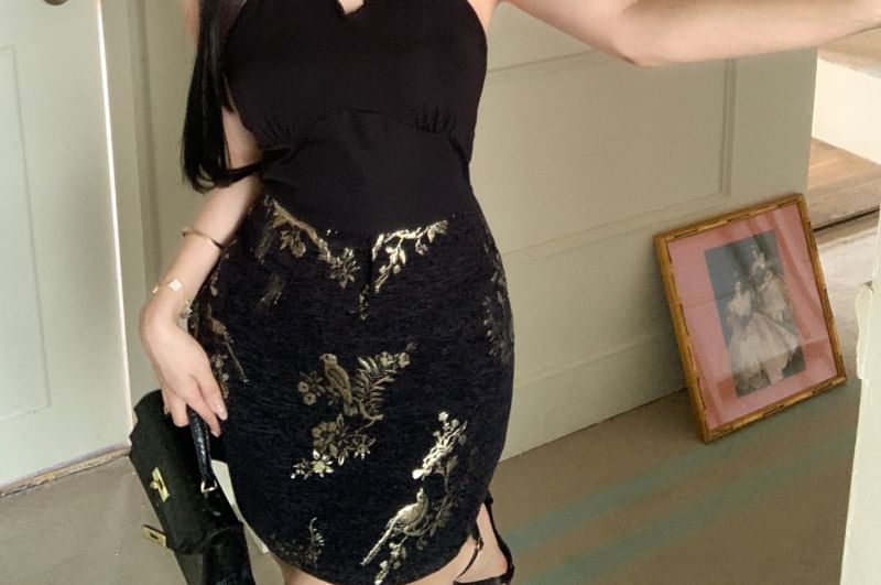 Bodycon Dress Jacquard Halter-Neck Mini Floral Keyhole