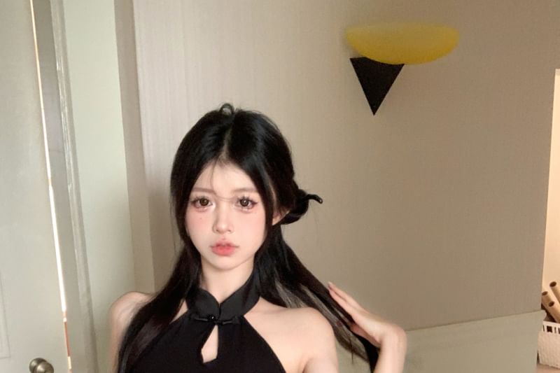 Bodycon Dress Jacquard Halter-Neck Mini Floral Keyhole