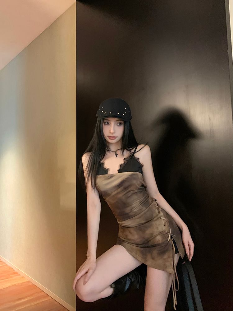 Spaghetti Lace Dress Trim Mini Tie-Dyed Bodycon Drawstring Strap