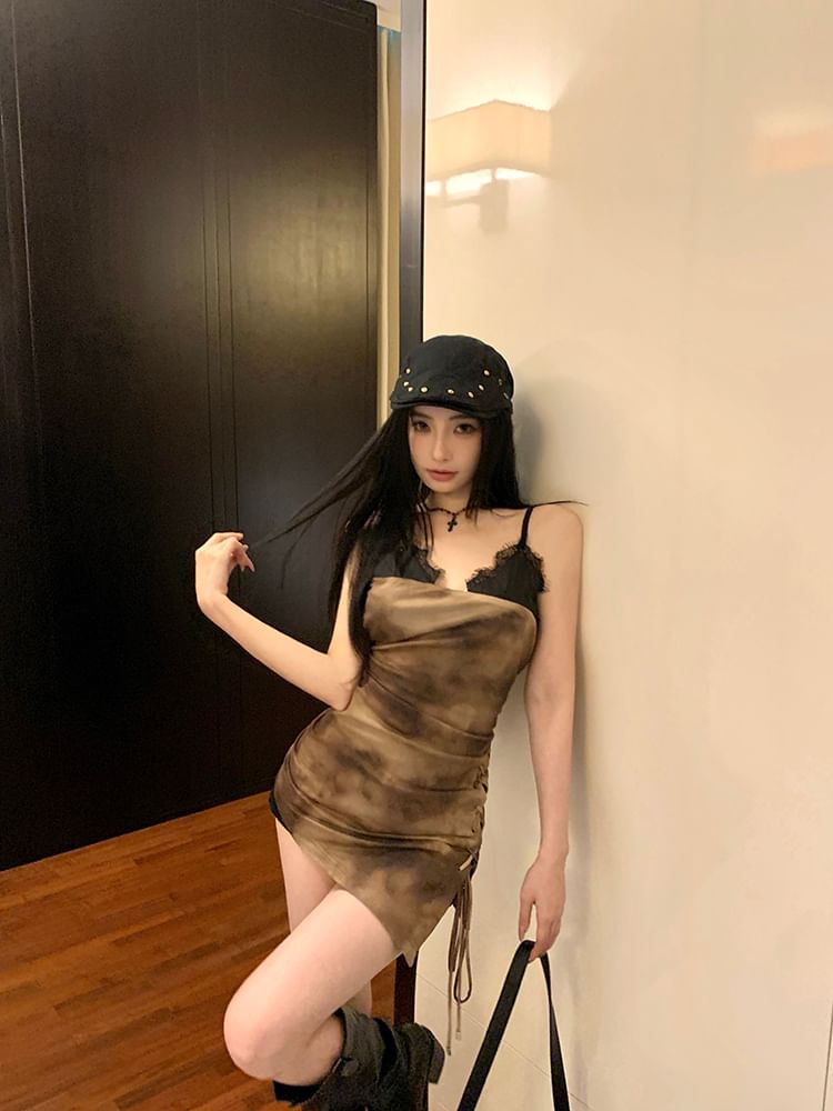 Spaghetti Lace Dress Trim Mini Tie-Dyed Bodycon Drawstring Strap