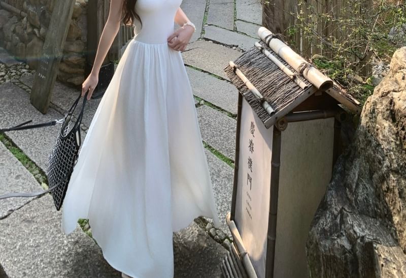 Spaghetti Midi Plain Strap Dress A-Line