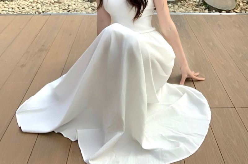 Spaghetti Midi Plain Strap Dress A-Line