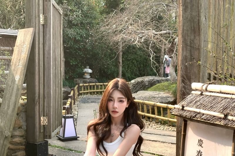 Spaghetti Midi Plain Strap Dress A-Line