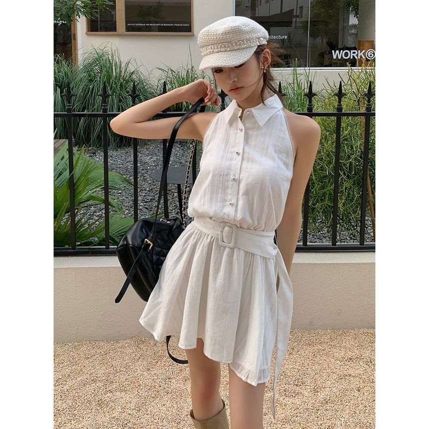 A-Line Dress Belted Sleeveless Mini Striped Collared