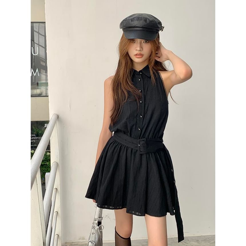 Belted A-Line Sleeveless Dress Striped Mini Collared