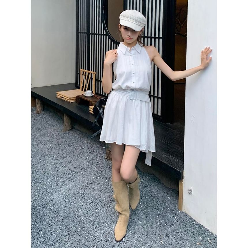 A-Line Dress Belted Sleeveless Mini Striped Collared