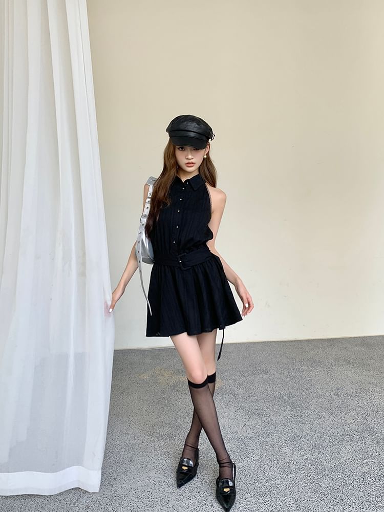 A-Line Dress Belted Sleeveless Mini Striped Collared