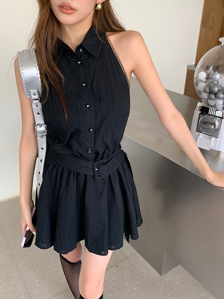 A-Line Dress Belted Sleeveless Mini Striped Collared