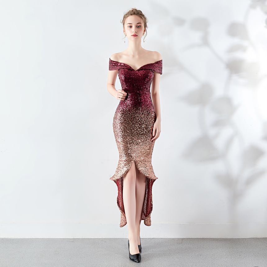 Off Shoulder Short Sleeve Gradient Sequined Mermaid Evening Gown