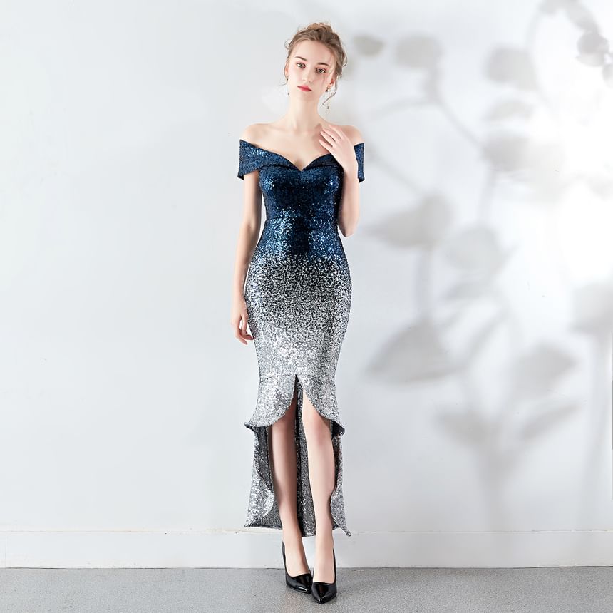 Off Shoulder Short Sleeve Gradient Sequined Mermaid Evening Gown