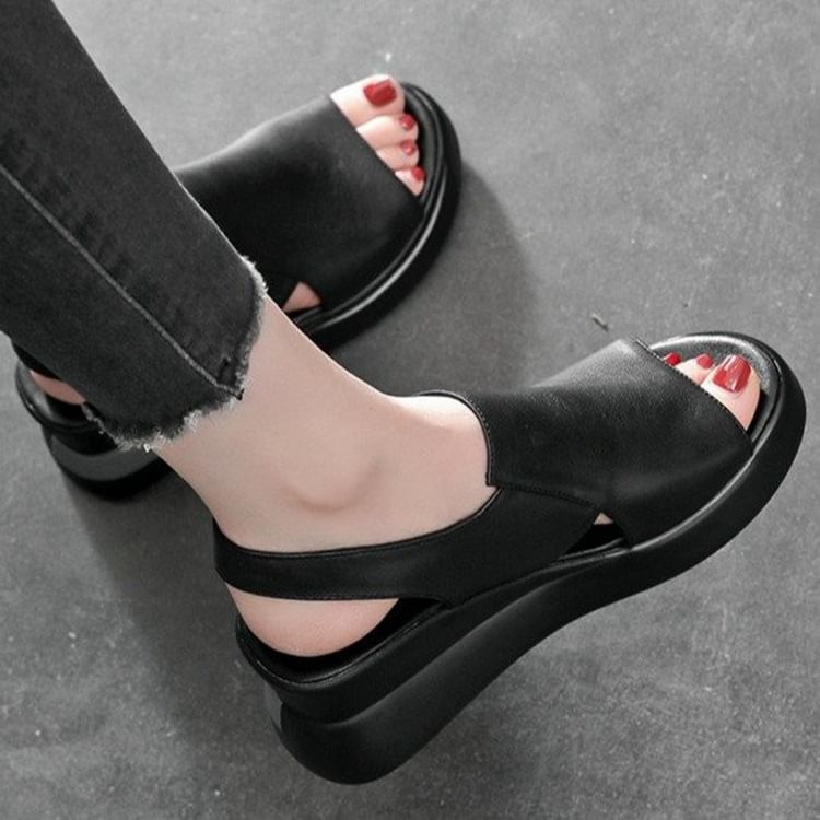 Leather Slingback Wedge Sandals Plain Heel Faux