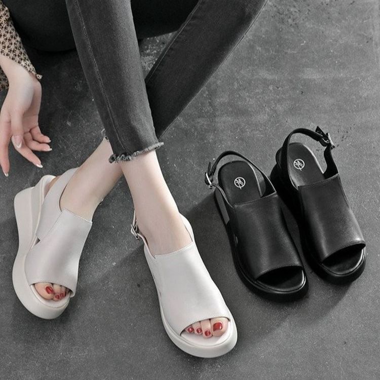 Leather Slingback Wedge Sandals Plain Heel Faux
