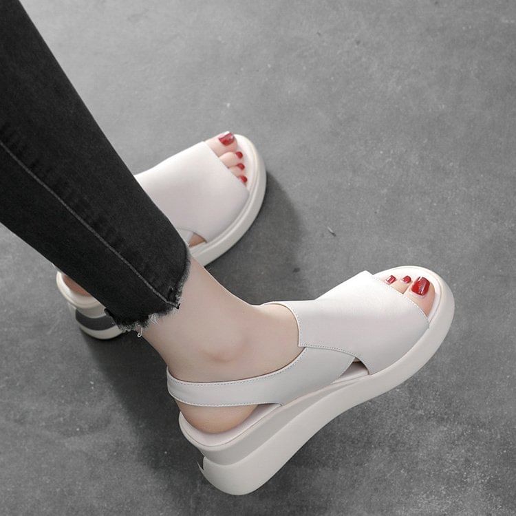 Leather Slingback Wedge Sandals Plain Heel Faux