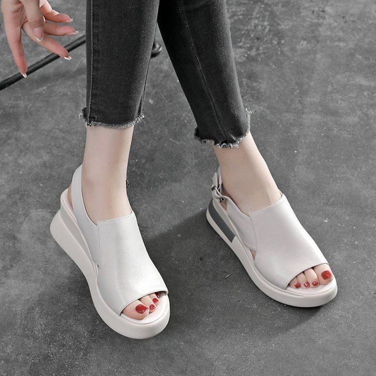 Leather Slingback Wedge Sandals Plain Heel Faux