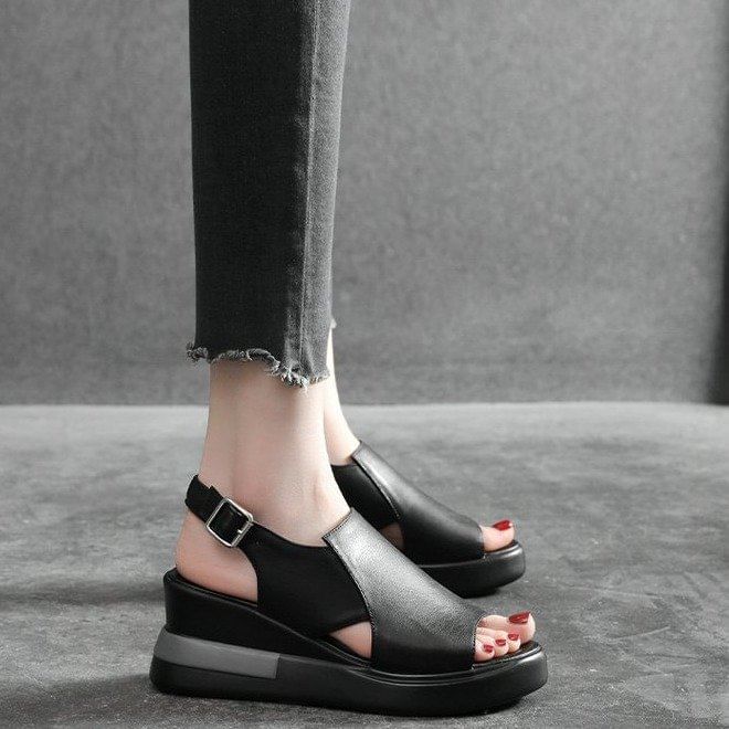 Leather Slingback Wedge Sandals Plain Heel Faux