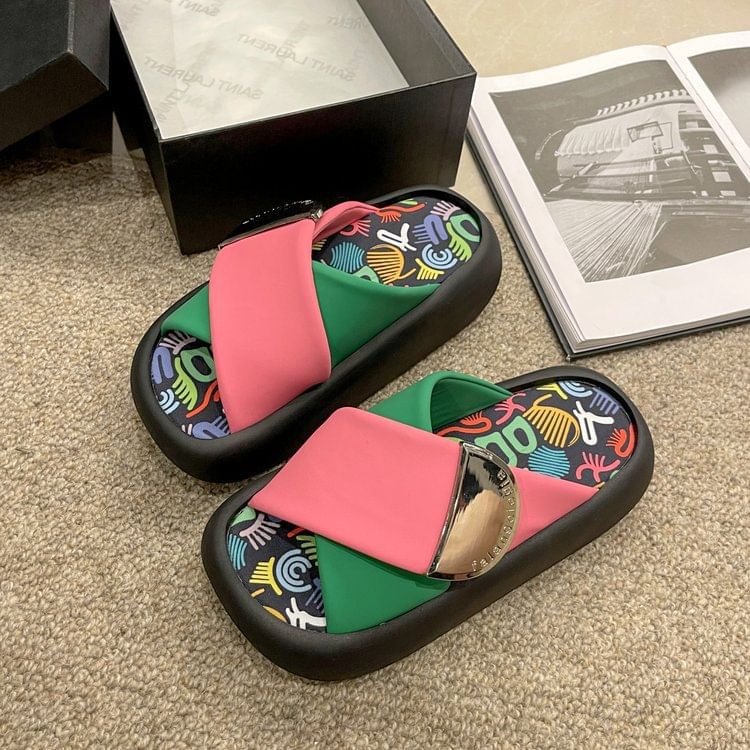 Platform Tone Two Leather Strap Faux Cross Sandals