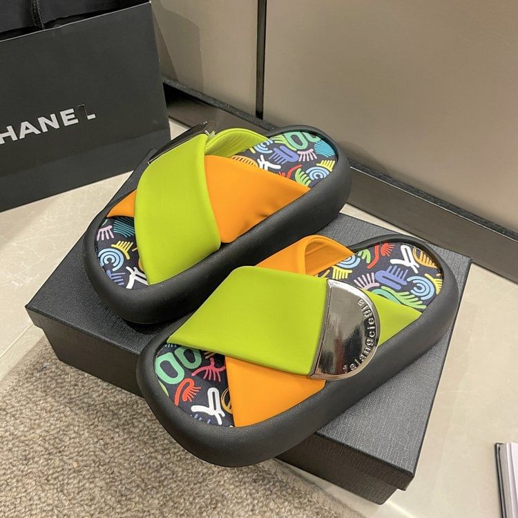 Platform Tone Two Leather Strap Faux Cross Sandals