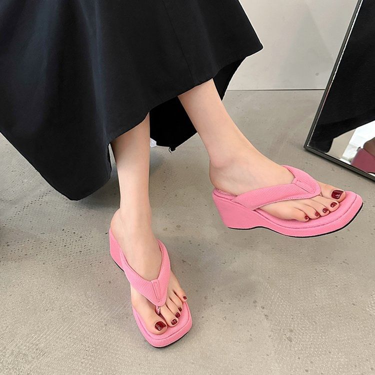 Wedge Sandals Heel Square Toe Thong