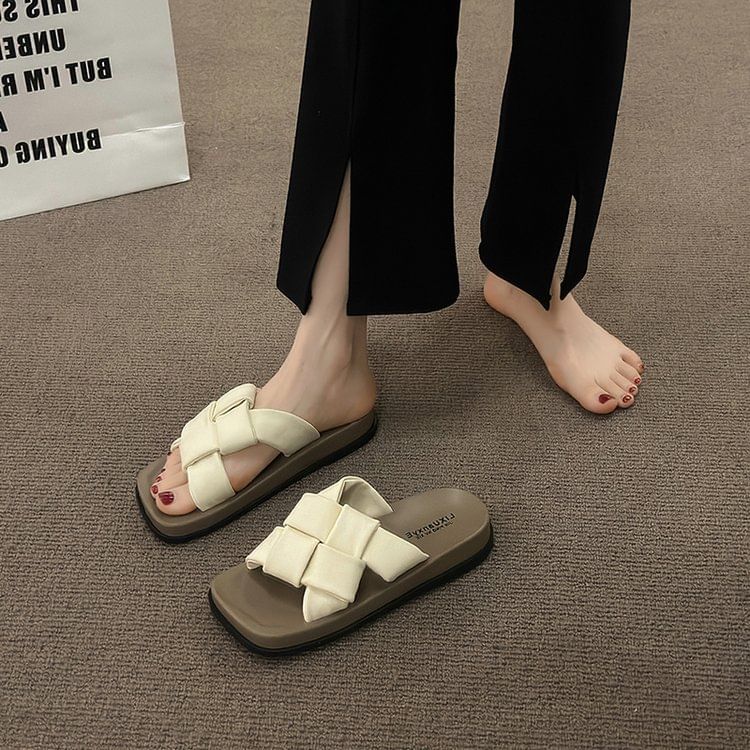 Woven Leather Sandals Platform Faux Toe Square