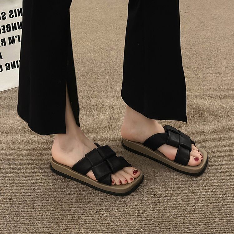 Woven Leather Sandals Platform Faux Toe Square