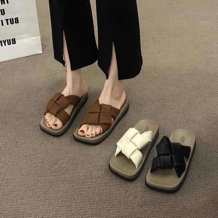 Woven Leather Sandals Platform Faux Toe Square