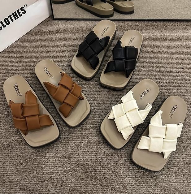 Woven Leather Sandals Platform Faux Toe Square