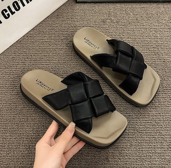 Woven Leather Sandals Platform Faux Toe Square