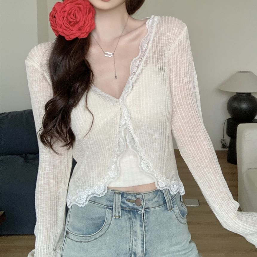 Cardigan Lace Crop One-Buttoned Plain Trim Sheer V-Neck