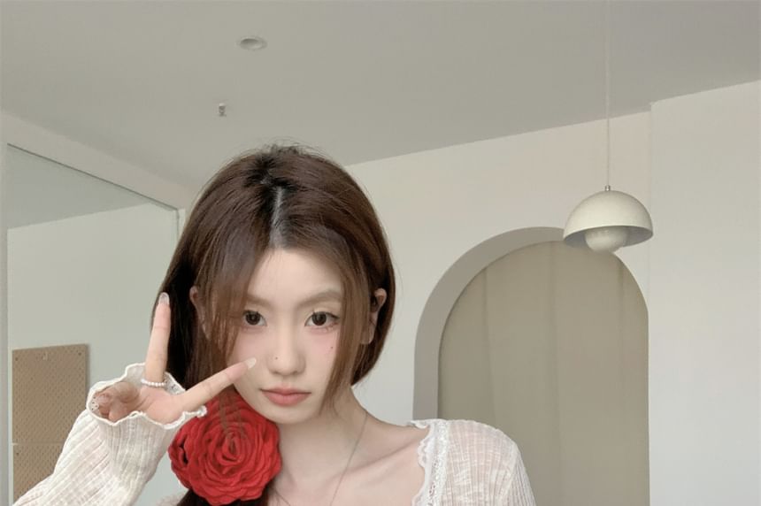 Cardigan Lace Crop One-Buttoned Plain Trim Sheer V-Neck