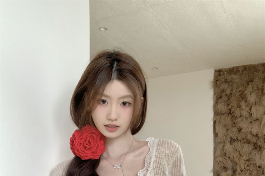 Cardigan Lace Crop One-Buttoned Plain Trim Sheer V-Neck