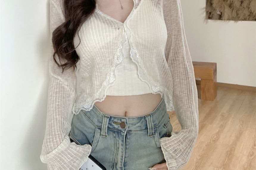 Cardigan Lace Crop One-Buttoned Plain Trim Sheer V-Neck